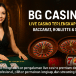 Banner BG Casino dengan dealer live, meja baccarat, roulette, dan nuansa lampu emas khas kasino modern.