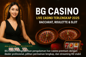 Banner BG Casino dengan dealer live, meja baccarat, roulette, dan nuansa lampu emas khas kasino modern.