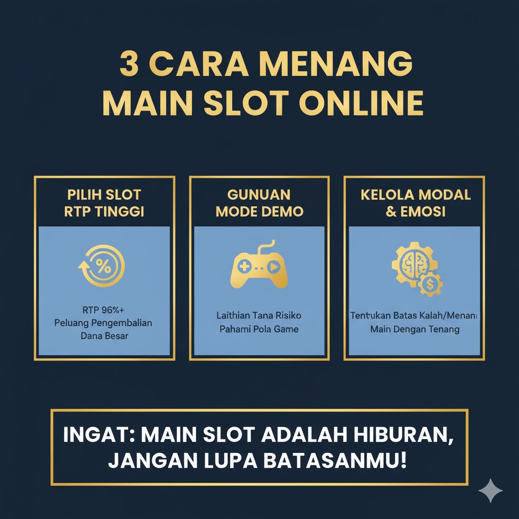 Alt Text: Infografik dengan judul "3 Cara Menang Main Slot". Bagian atas menampilkan tiga poin utama: "Pilih Slot RTP Tinggi", "Gunakan Mode Demo", dan "Kelola Modal dan Emosi". Di bagian bawah terdapat kotak berisi kalimat "Ingat: Main Slot adalah Hiburan, Jangan Lupa Batasanmu!"