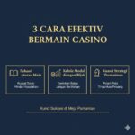 Sebuah infografik sederhana dengan judul "3 Cara Efektif Bermain Casino". Di bawah judul, terdapat tiga kotak horizontal. Kotak pertama bertuliskan "Pahami Aturan Main" dengan ikon buku terbuka di sampingnya. Kotak kedua bertuliskan "Kelola Modal dengan Bijak" dengan ikon tumpukan koin dan grafik panah ke atas. Kotak ketiga bertuliskan "Kuasai Strategi Permainan" dengan ikon bidak kuda catur. Latar belakang berwarna biru gelap dengan elemen desain berwarna emas.