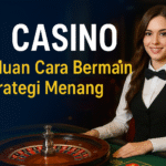 Banner PP Casino dengan dealer profesional, meja permainan, dan tema emas elegan untuk panduan cara bermain & strategi menang.