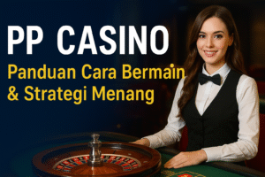 Banner PP Casino dengan dealer profesional, meja permainan, dan tema emas elegan untuk panduan cara bermain & strategi menang.