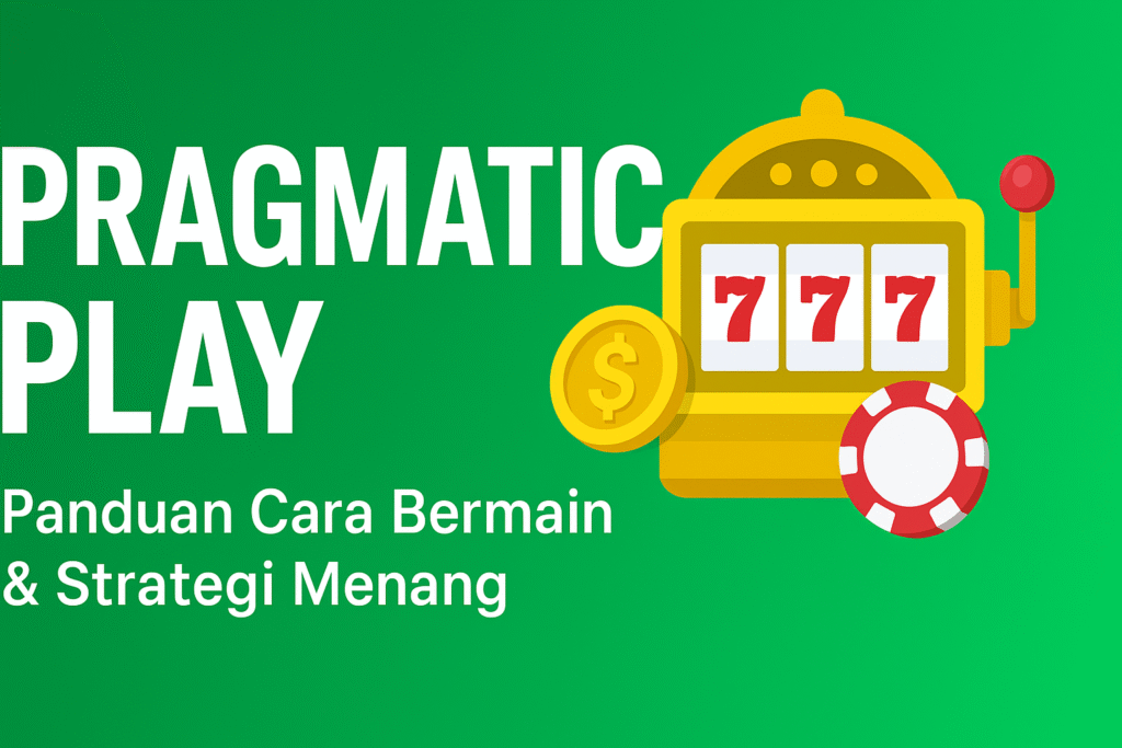 Banner Pragmatic Play dengan mesin slot emas, ikon chip kasino, angka jackpot 777, dan teks panduan cara bermain serta strategi menang