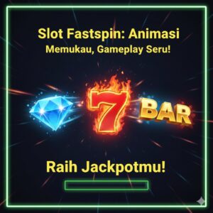 Animasi Memukau, Gameplay Seru!" dengan simbol berlian biru, angka 7 api, dan BAR emas yang bersinar. Latar belakang abstrak dengan efek cahaya, dan di bagian bawah terdapat tulisan "Raih Jackpotmu!.