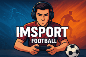 Ilustrasi digital gamer mengenakan headset dan jersey merah sedang memegang kontroler, dengan siluet pemain bola di latar biru dan oranye serta teks IMSPORT FOOTBALL